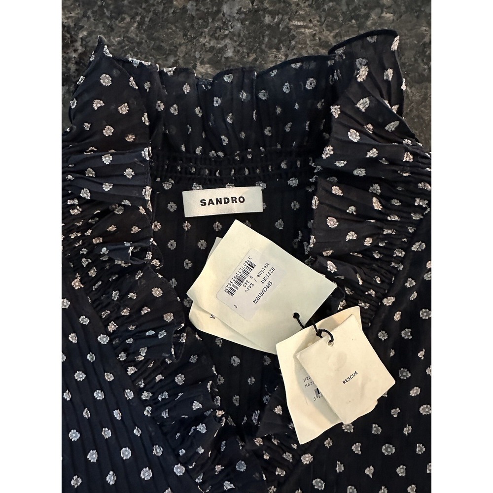 SANDRO Blouse Womens Small Sz 2 Sheer Button Up Ruffle Patterned Polka Dots $340 - Picture 5 of 10